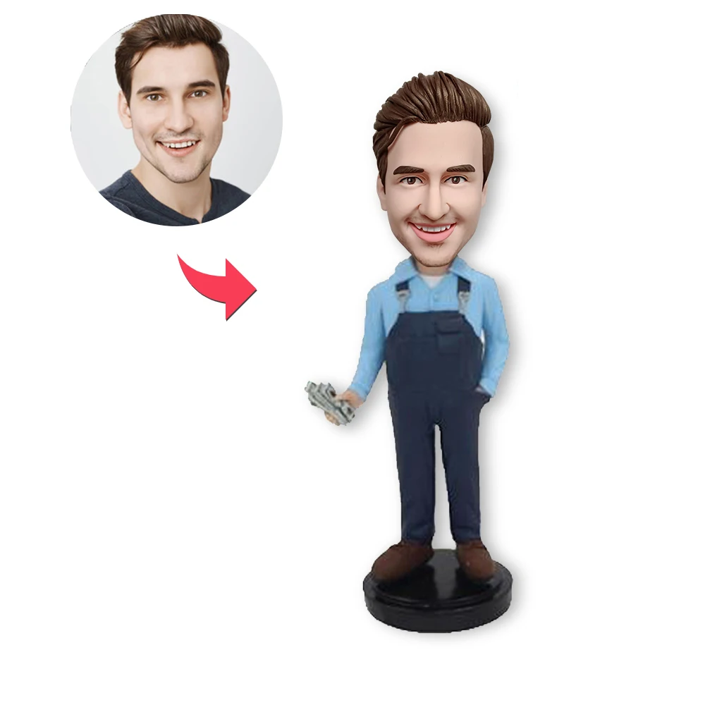

Customized bobblehead doll wearing suspenders and holding money, personalized and fully handmade according to photos, personaliz