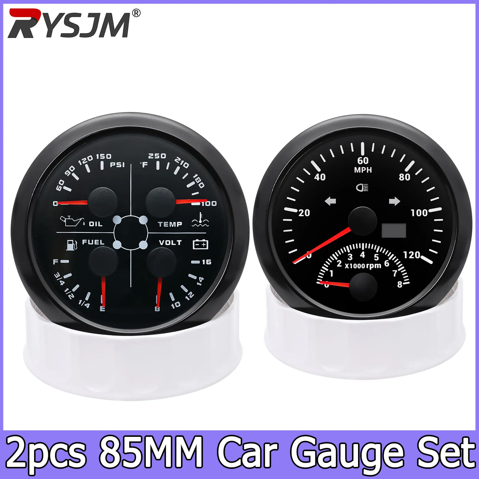 2pcs Black Gauge 85MM Tachometer for Boat Motor GPS Speedometer 120MPH & Fuel Level Meter Volt Water Temp Oil Press Gauge PSI