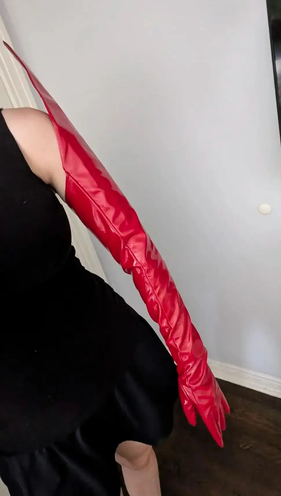Shiny Red Spiked Shoulder Leather GLOVES 95CM Super Long Fishbone Supported Faux PU Latex Wet look Cosplay Costume Halloween
