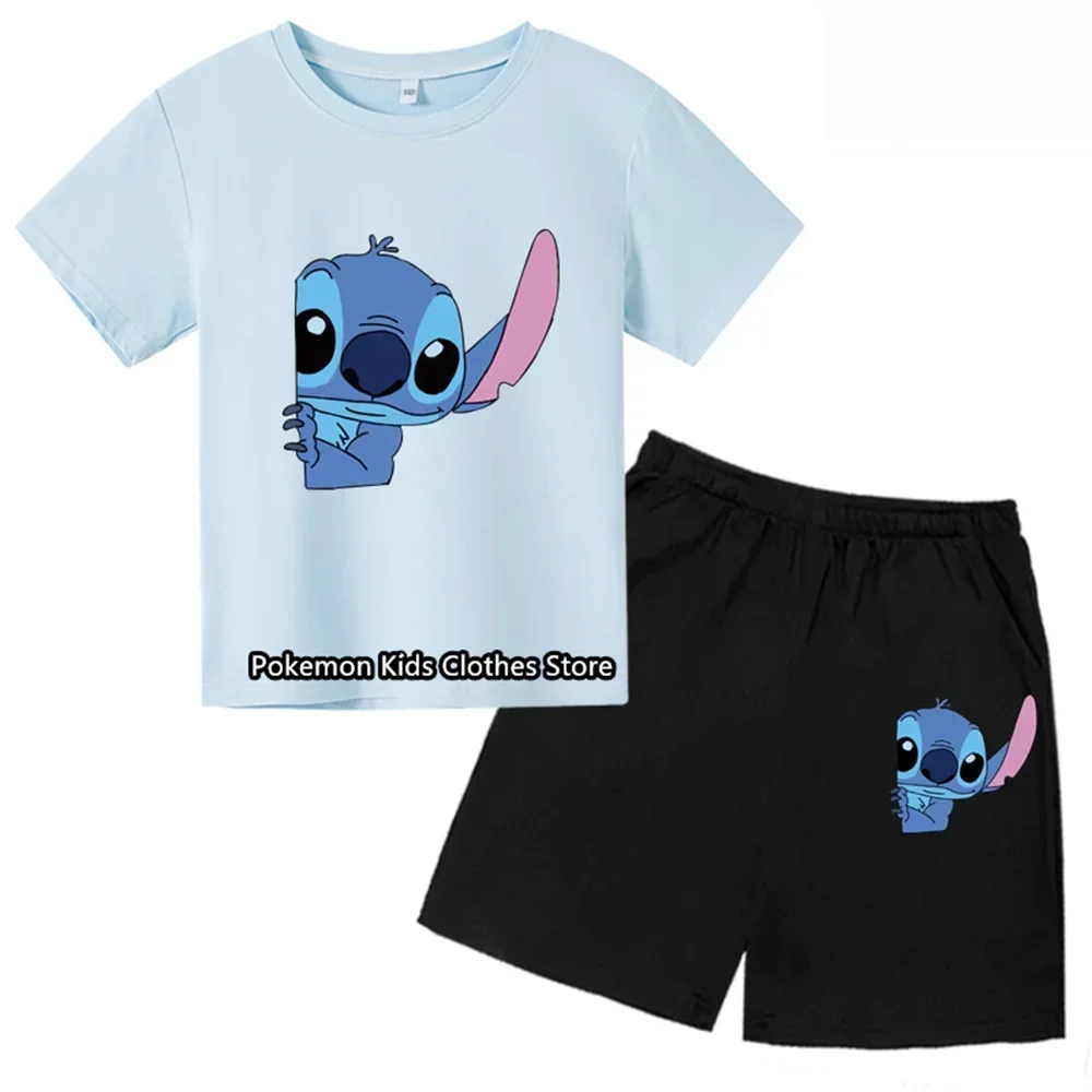 Summer Fashion Cute Stitch Children\'s Baby Two-piece T-shirt Set Boy Round Neck Casual Short Sleeve Girl Short Sleeve Shorts