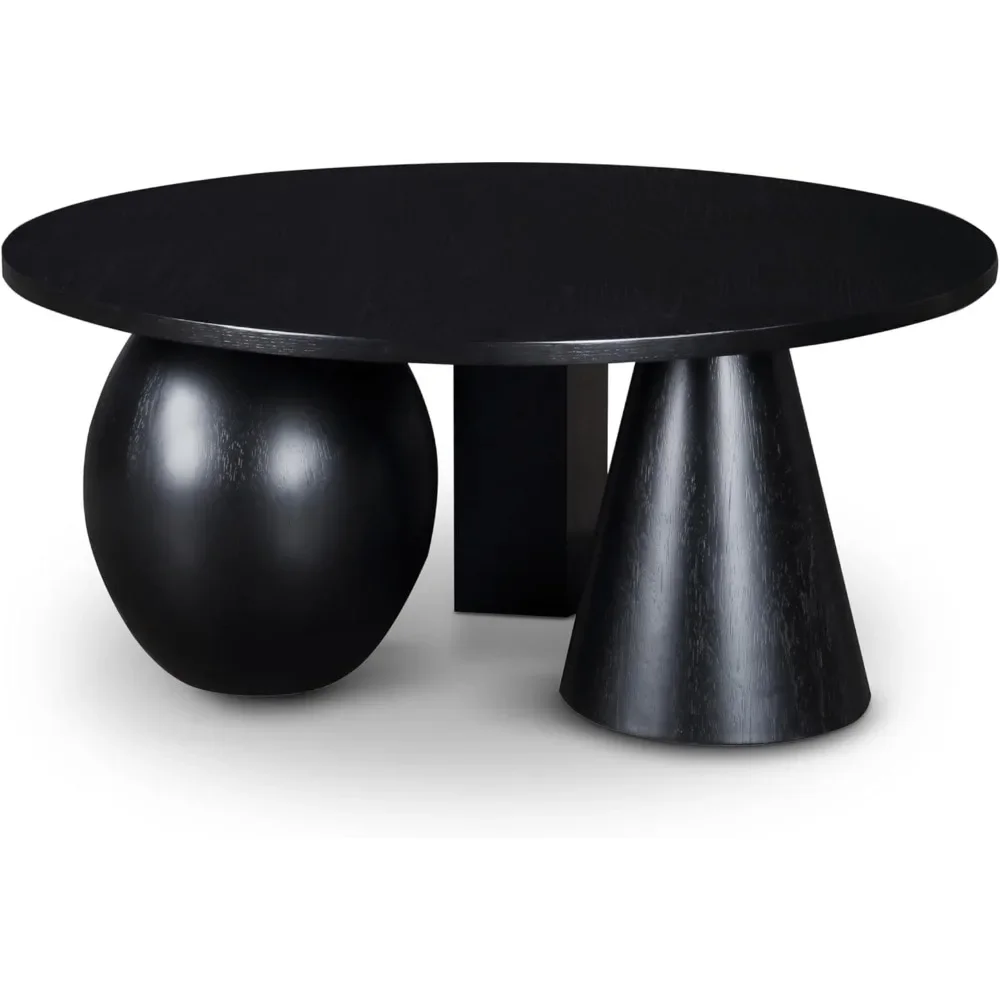 Mesa de centro Art Deco con acabado negro intenso, madera maciza, chapa de roble natural, 39 pulgadas de ancho x 39 pulgadas de profundidad x 16 pulgadas de alto |