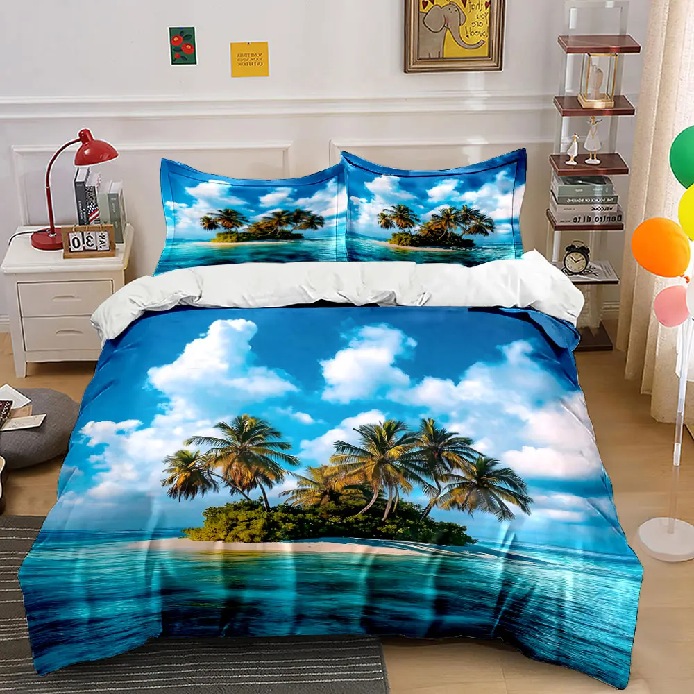 Tropical island with palm trees Bedding Set for Kids Luxury Gift 3pcs Digital Print Comforter Set Soft Comfortable Breathable