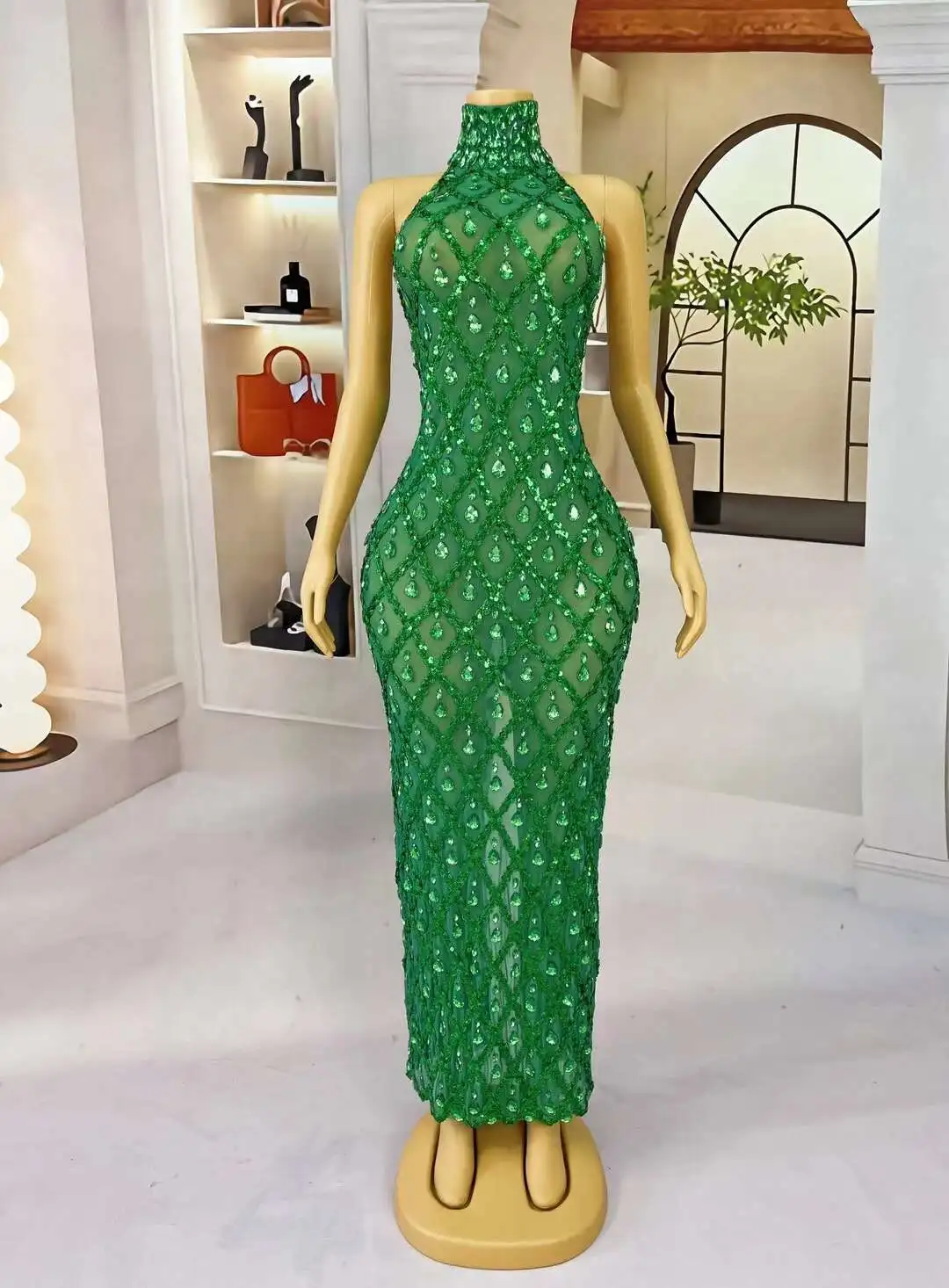 Birthday Green Dresses for Women Luxury Evening Sleeveless Glitter Sequined Celebrity Gowns Night Party Long Dress Shaokaijia