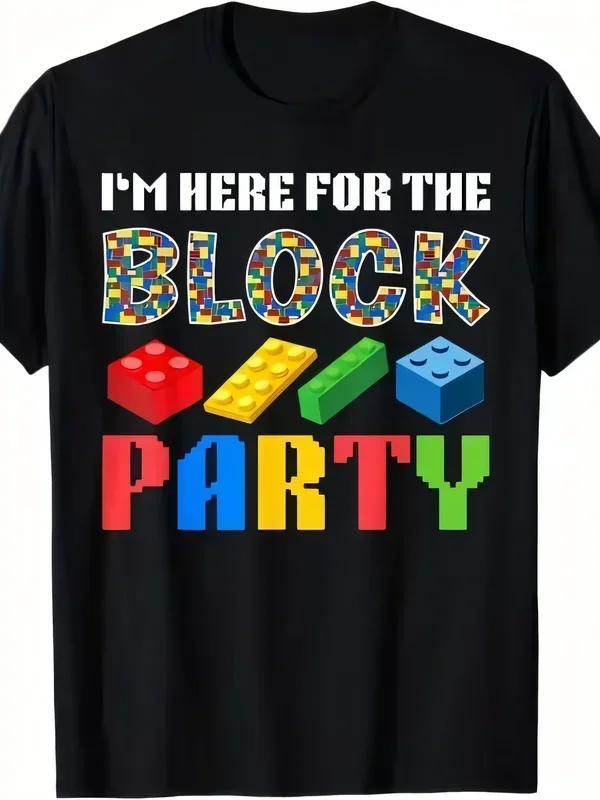 I'M HERE FOR THE BLOCK PARTY Graphic T-Shirt Colorful Building Bricks Print Retro Creative Toy Themed Streetwear Cotton Tee