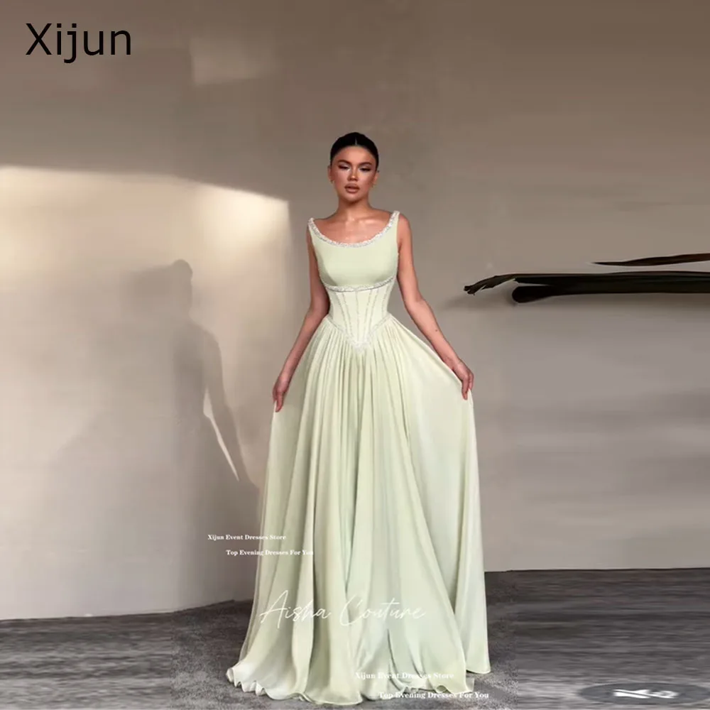 

Xijun Luxury Mint Green Chiffon Evening Dresses Spaghetti Strap Beads Formal Prom Dresses Dubai A-Line Prom Gowns Customized