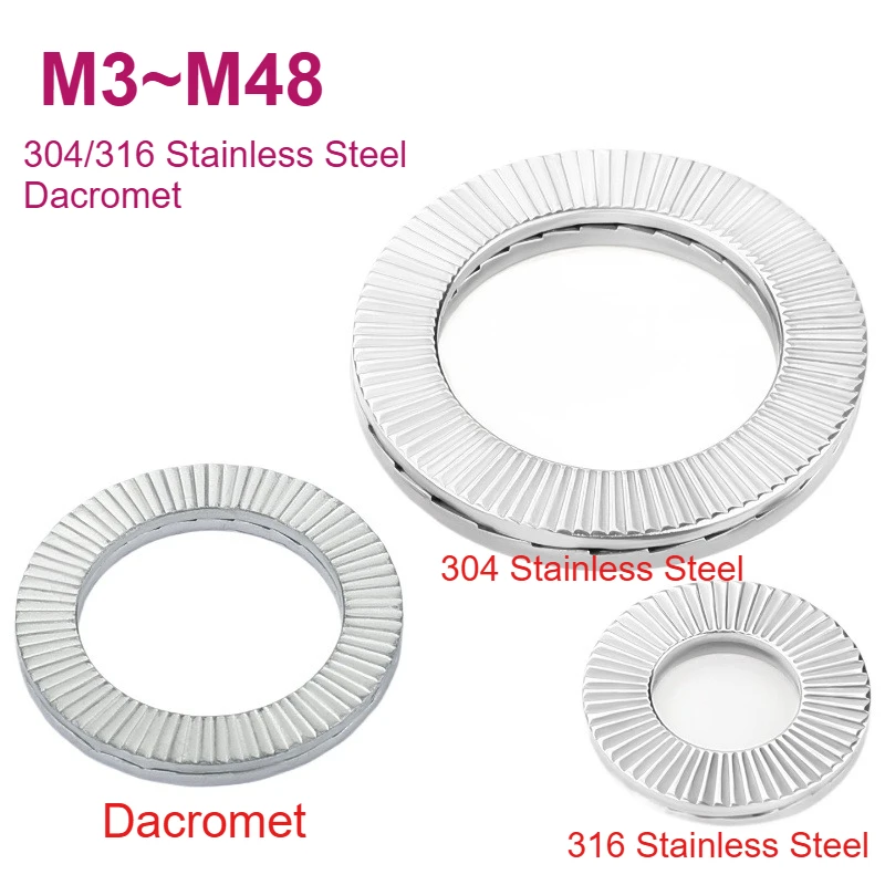 M3 M4 M5 M6 M8 M10~M48 304/316 Stainless Steel/Dacromet Double Side Lock Washers Wedge Self-Lock Non-slip Gaskets Washer