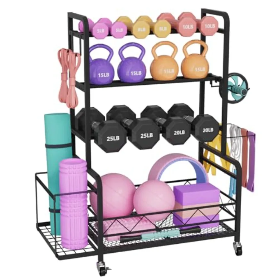 

Dumbbell Rack Adjustable Weight Rack for Home Gym Storage with 4 Wheels Side Basket Hooks Multipurpose Metal Dumbbell Stand for