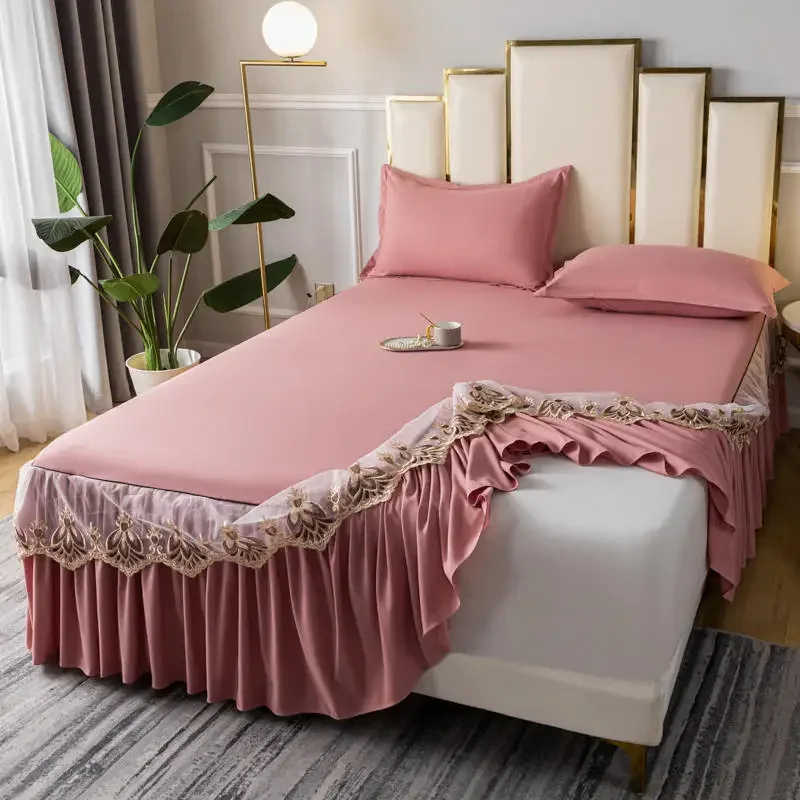 Solid color bed skirt three-piece set household 1.8-meter lace bed skirt multi-size skirt bed cover batch delivery