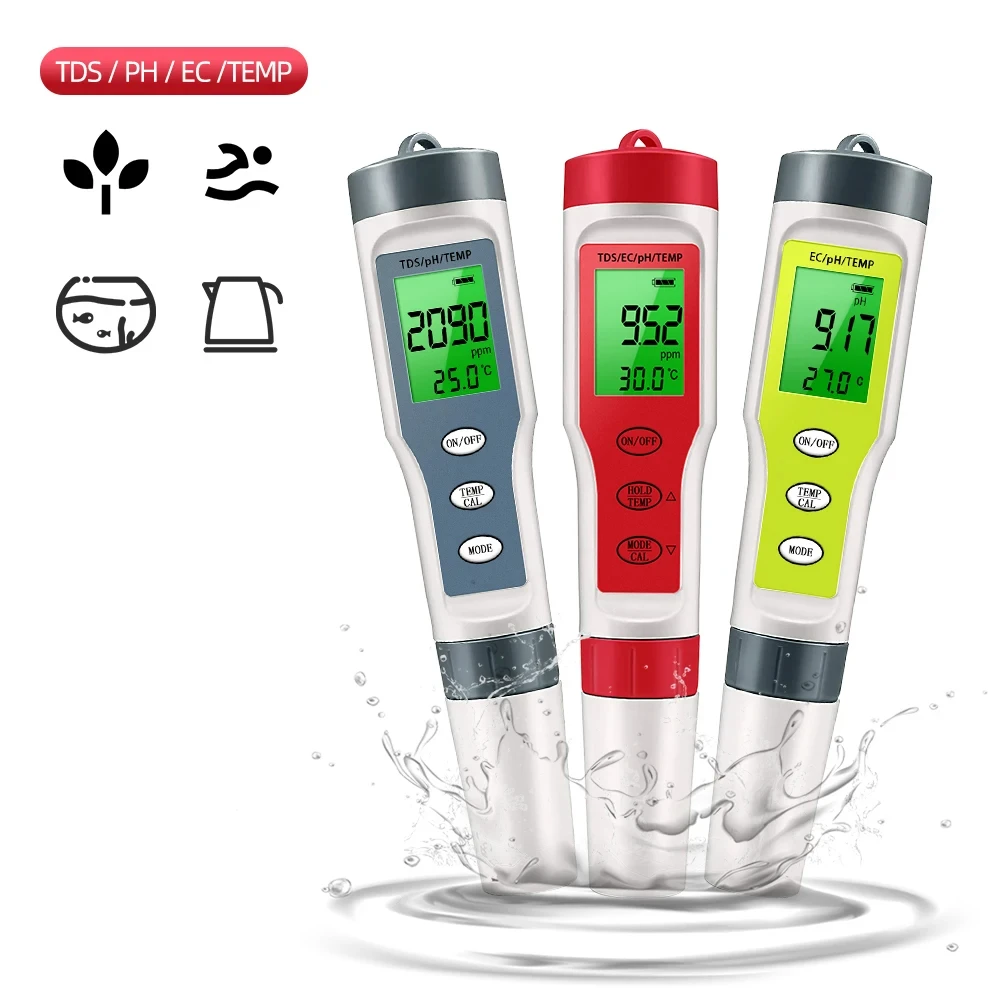 Misuratore di PH multifunzionale Tester di qualità dell\'acqua impermeabile PH/TDS/EC/Temp Detector penna di prova del PH con retroilluminazione per