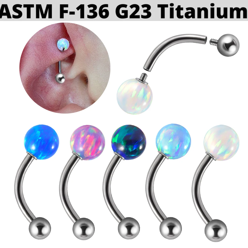 1PC G23 TItanium 16G Opal Ball Rook Piercing Opal Eyebrow Ring Curved Barbell Lip Ring Snug Daith Helix Rook Bar Jewelry