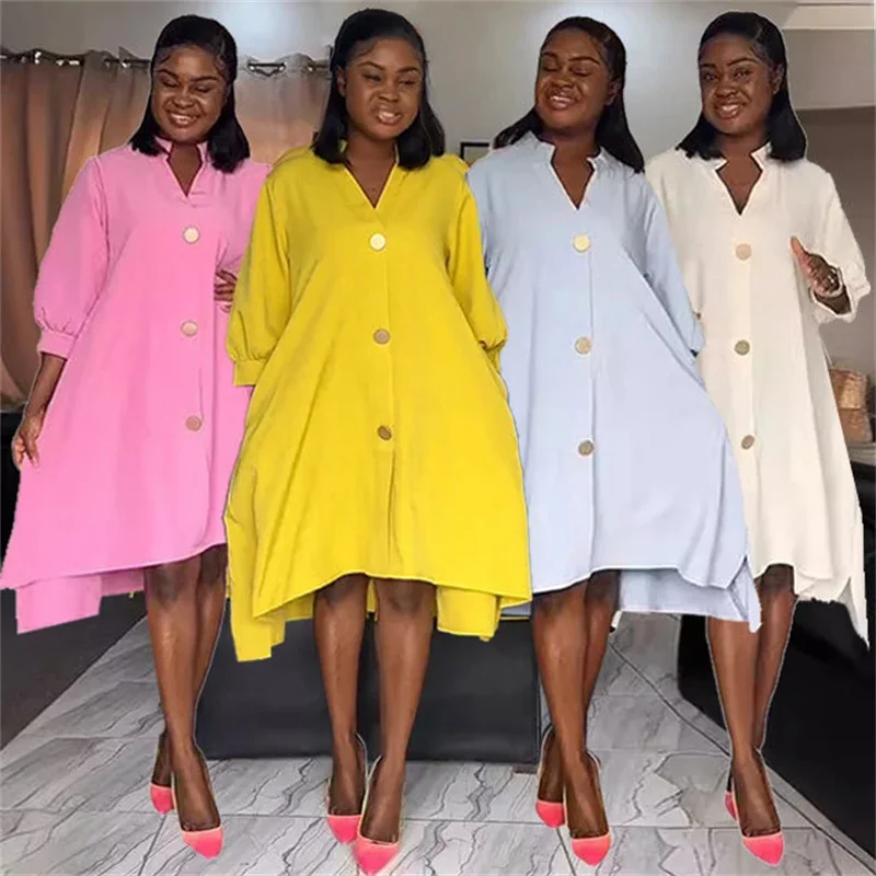 Sólido casual solto camisa vestido com manga feminina primavera verão botão reto único breasted irregular midi vestidos