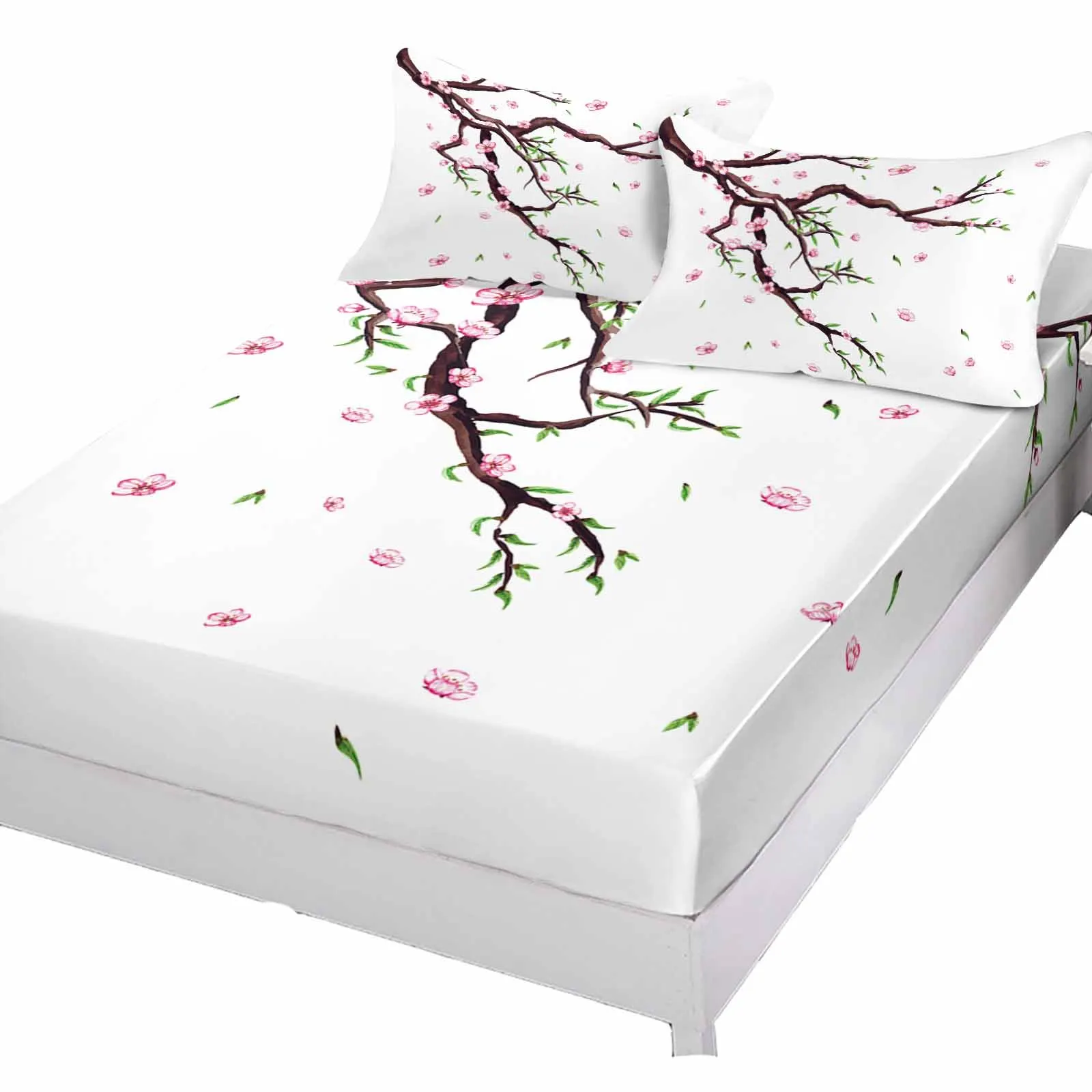 Spring Flower Leaves Sprout Cherry Fitted Bed Sheet Cover Elastic Band Anti-slip Mattress Protector for Single Double King