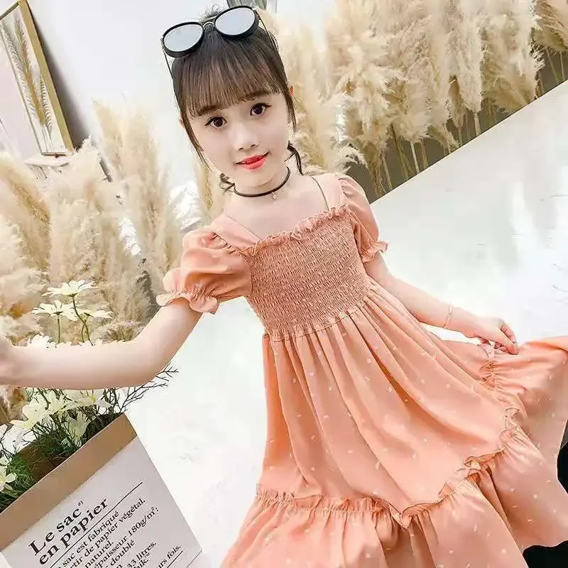 2024 estate bambino manica a sbuffo ragazze lungo adolescente bretella fiore quadrato chiffon a strati principessa slip dress party 8 10 12 anni