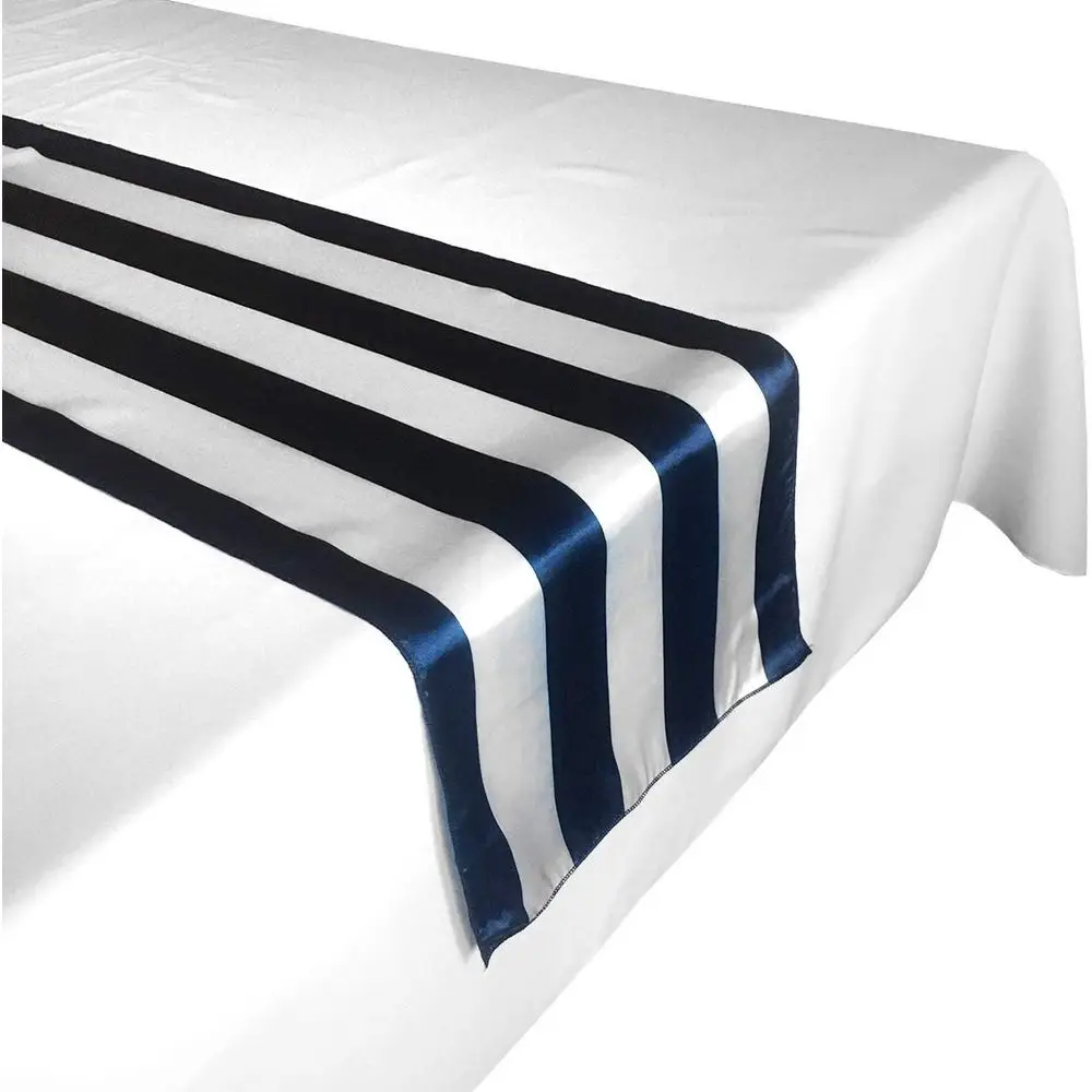 

10-Piece Satin Striped Table Runners, 12x120, Navy & White for Weddings, Showers, and Special Events