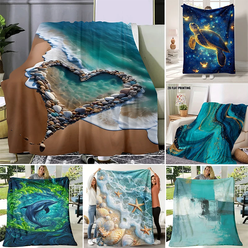 Ocean Beach Throw Blanket Heart Shaped Pebble Shore Waves Seaside Scenery Nature Landscape Art Decor for  Couch Blanket