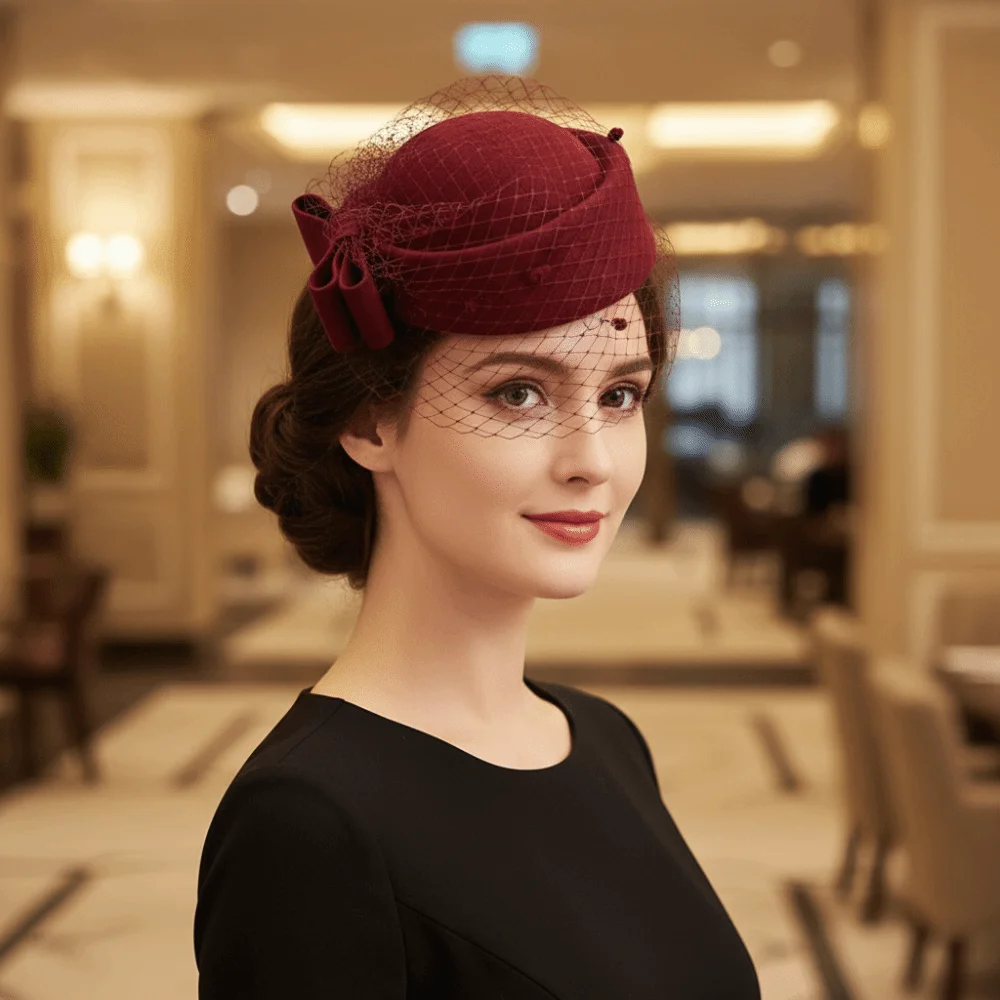 Elegant Mesh Wool Bow Hat with Veil British Style Solid Color Pillbox Hat Woolen Warm Stewardess Cap Dinner