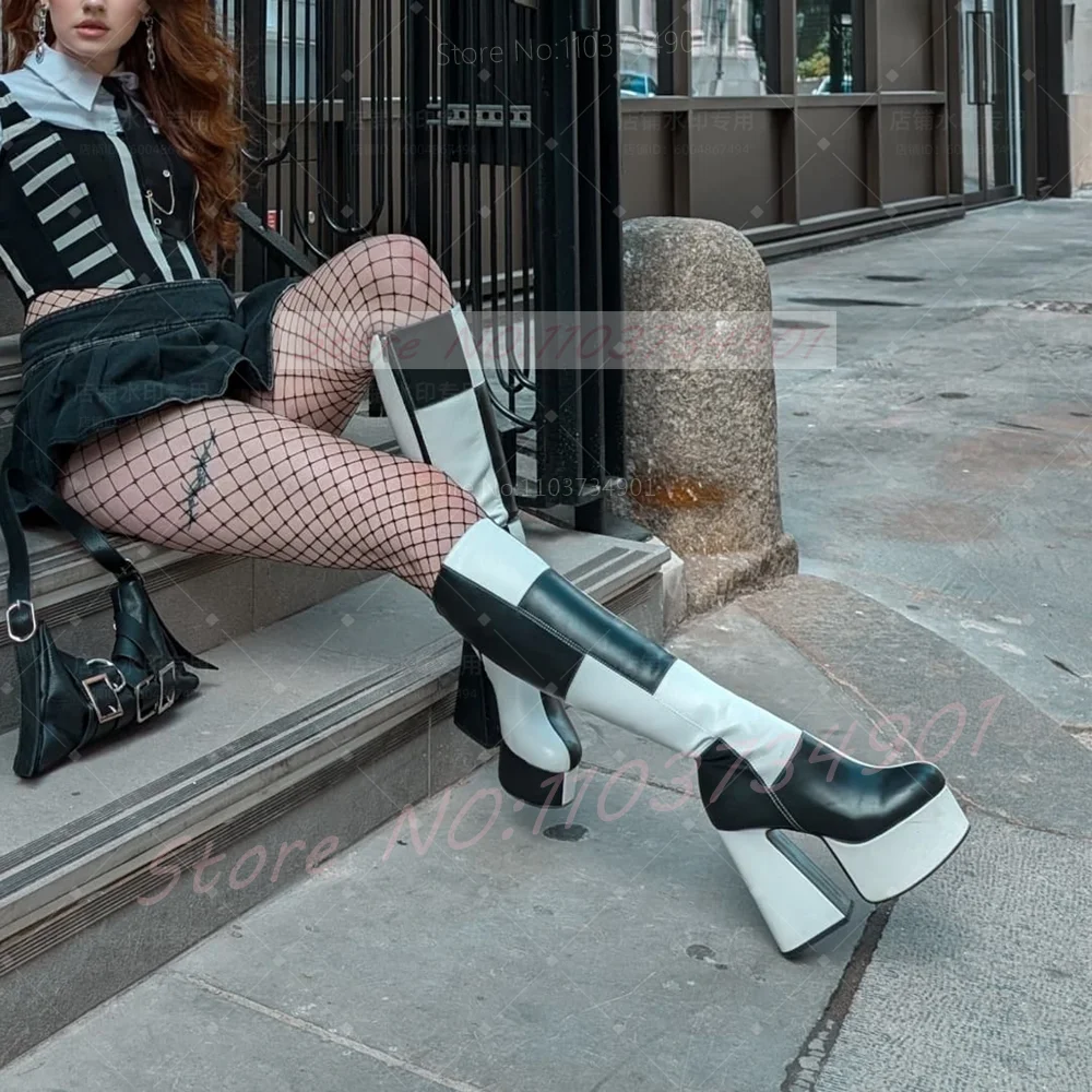 Patchwork Platform Knee High Boots Women Black And White Color Blocking Chunky Triangle Heel Boots Lady Classy Gothic Y2K Shoes view 2
