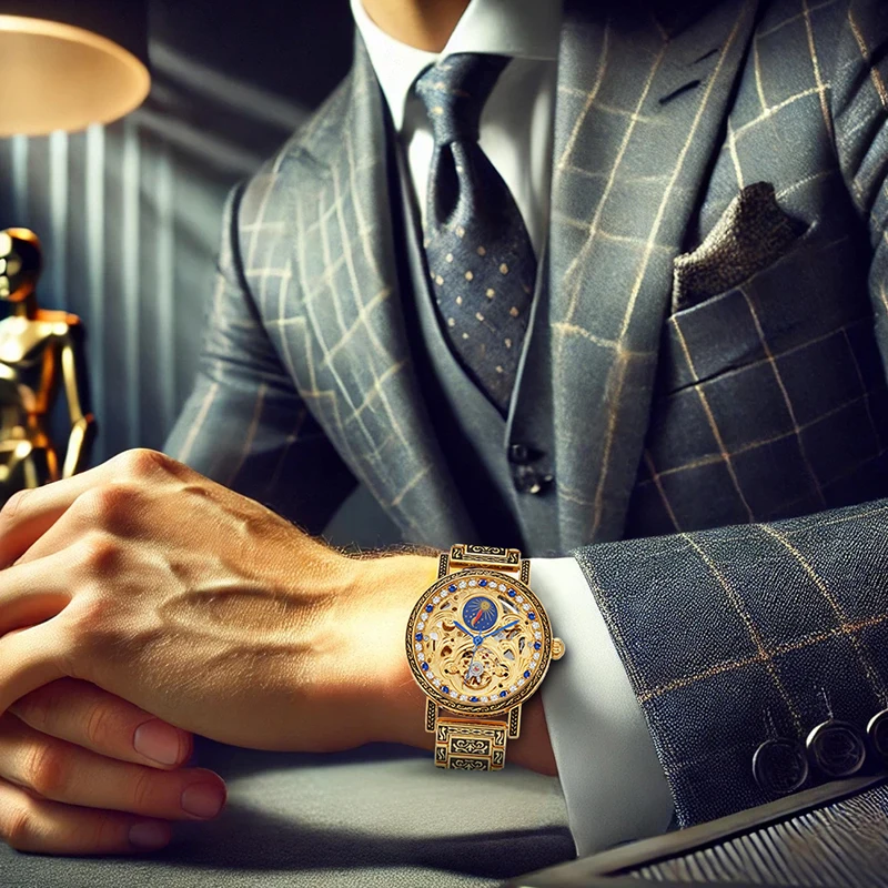 ساعة ميكانيكية أوتوماتيكية بسوار فولاذي أسود وذهبي للرجال، هيكل دائري للأعمال، مرحلة القمر