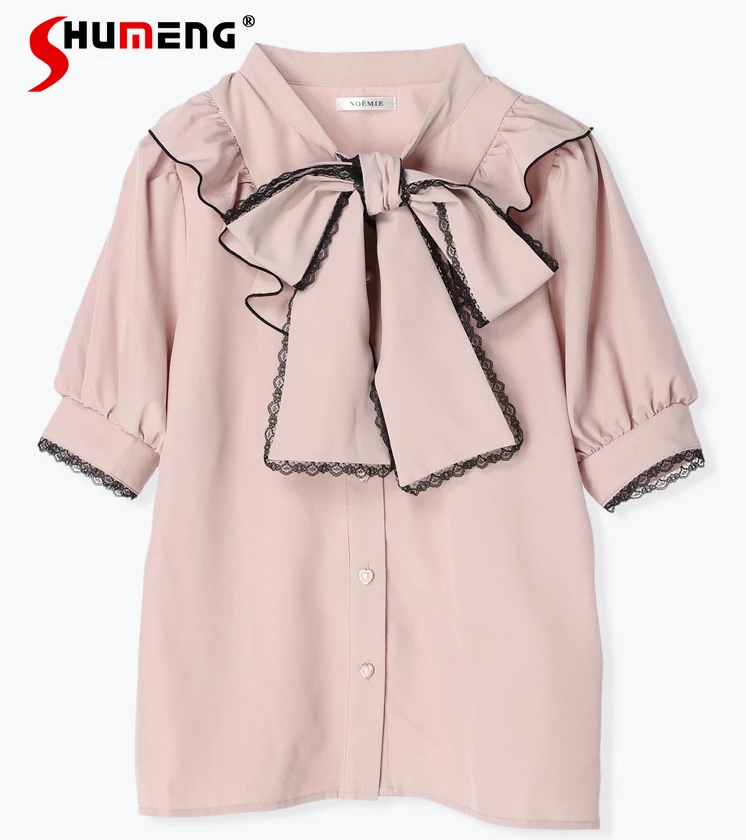 Japanese Style Sweet Large Lace-up Bow Blouse for Women 2024 Summer New Lolita Mine Cute Top V-neck Short Sleeve Shirt Ladies