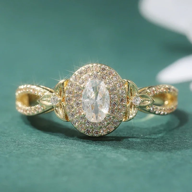 Luxury Shiny Synthetic Zirconia Women's Golden Fine Eternal Ring Fashion Elegant Engagement Banquet Handmade Jewelry Accessories