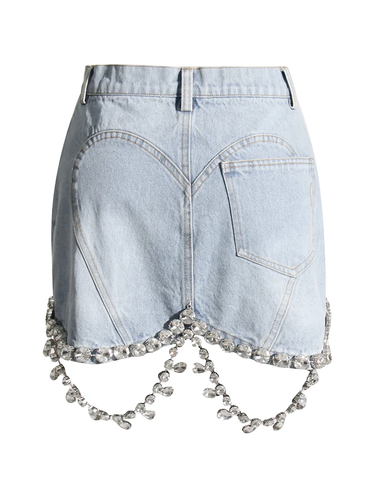 GYMAMAZES Denim Spliced Diamonds Skirts For Women High Waist Patchwork Pockets Temperament Vintage Skirt Female Fashion Clothing