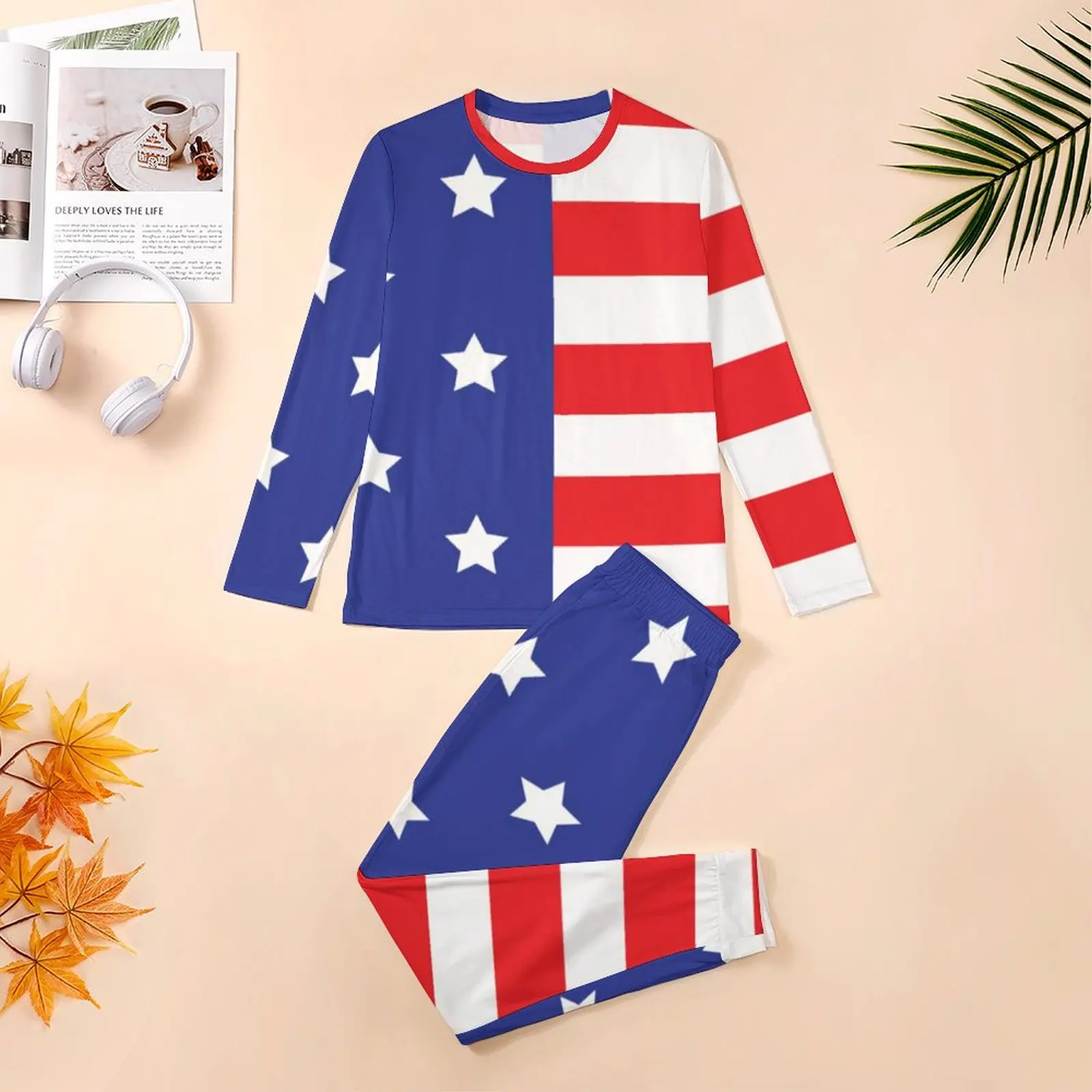 American Feel-Pyjama imprimé étoiles et rayures pour hommes, vêtements de nuit élégants, manches longues, ensembles de pyjama design, automne, 2 pièces