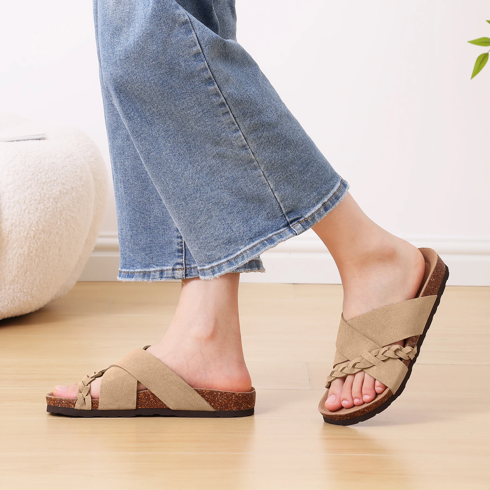 

Litfun Casual Women's Slippers With Arch Support New Cork Footbed Slides Walking Slip On Sandals Braided Straps Women's Slippers