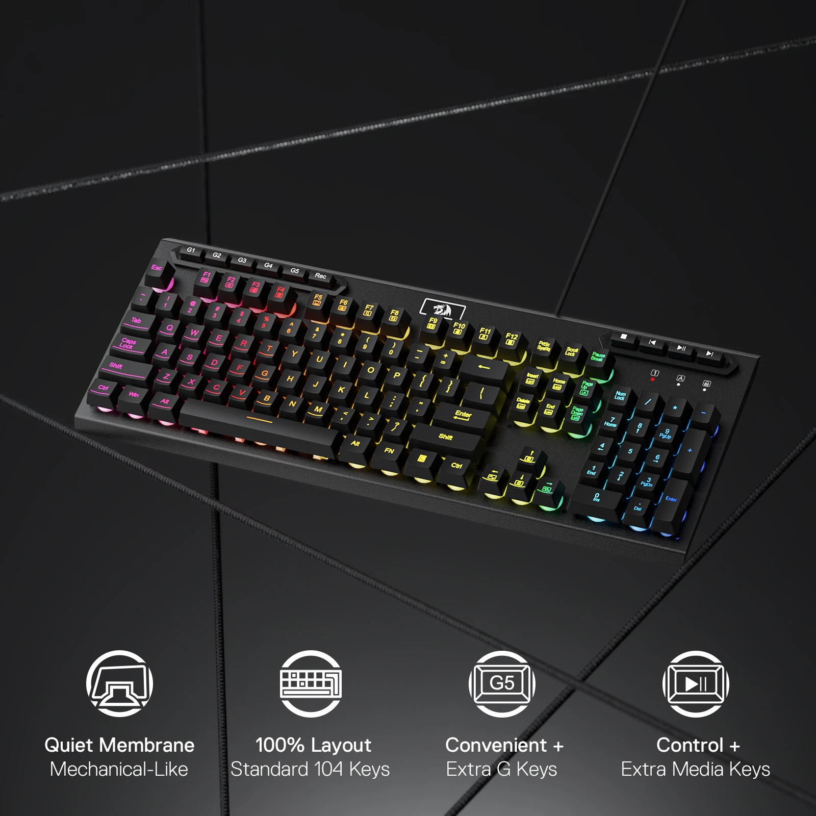 Redragon K513 RGB Membrane Gaming Keyboard, Standard 104 Keys Linear Wired Mechanical-Feel Keyboard