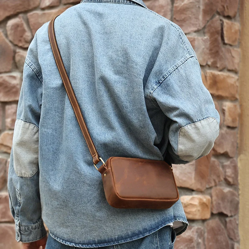 Crazy Horse Genuine Leather Men's Shoulder Bag Vintage Messenger Bag Mobile Phone Simple Sling Bags Man Woman Mini CrossBody Bag