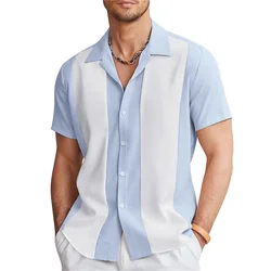 Camisa de boliche masculina manga curta, lapela casual com cores combinando, moda masculina de rua diária, 6 cores, verão, 2024