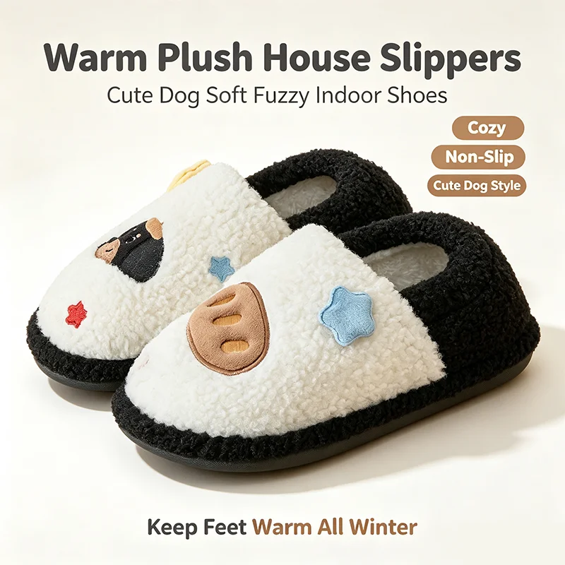 Womens Cartoon Dog Plush Closed‑Back Slippers, Warm Fluffy Soft Thick‑Sole Non‑Slip Winter Indoor Home House Slippers