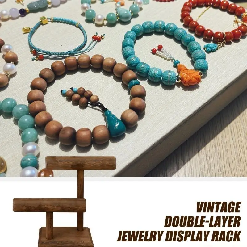 QX2E สร้อยข้อมือไม้ผู้ถือขาตั้งจอแสดงผลสไตล์วินเทจไม้เครื่องประดับคู่ระดับสำหรับสร้อยข้อมือและอื่นๆ