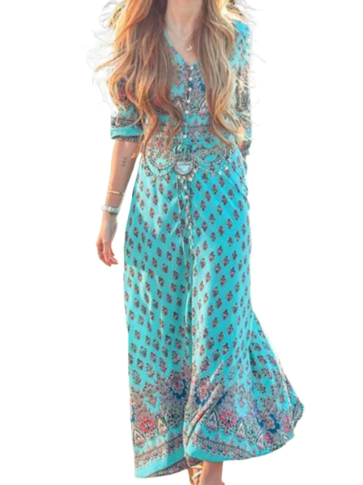 

Boho Print Dress Lady Fashion Vintage V Neck Three Quarter Pullover Dresses For Women Elegant Holiday Beach Womens Clothing New