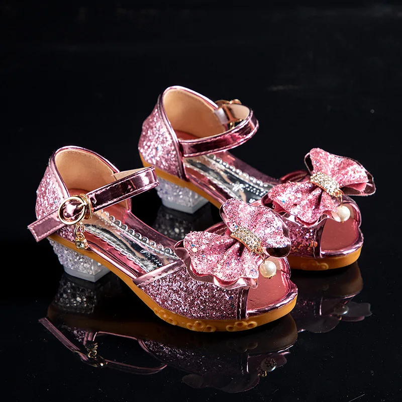 Children Shoes New Autumn Casual Glitter Bowknot Children High Heel Girls Shoes Cute Fashion Princess Dance Party Sandals صنادل