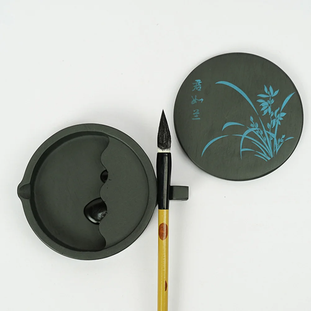 

Fish-Shaped Orchid Chinese Inkstone Lidded Covered Inkwell For Calligraphy Painting Writing Drawing Student School Art Use