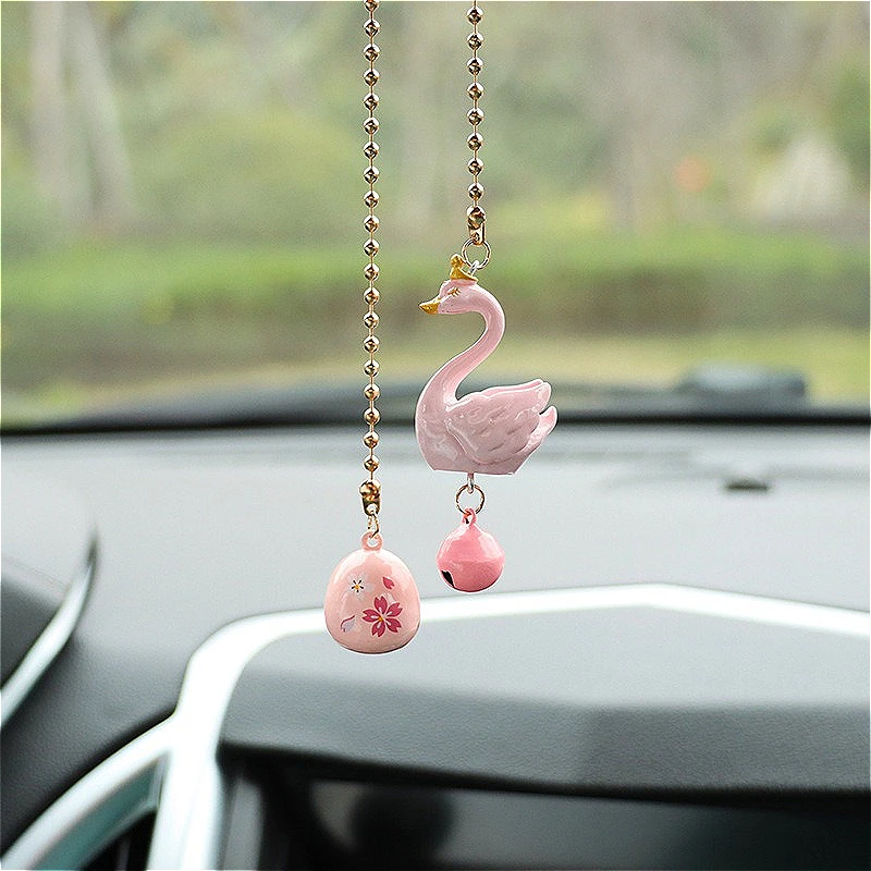 

Swan with Small Crown Car Pendant - Tiny Bell Rearview Mirror Hanger, Cute Auto Interior Decor with Water Sound