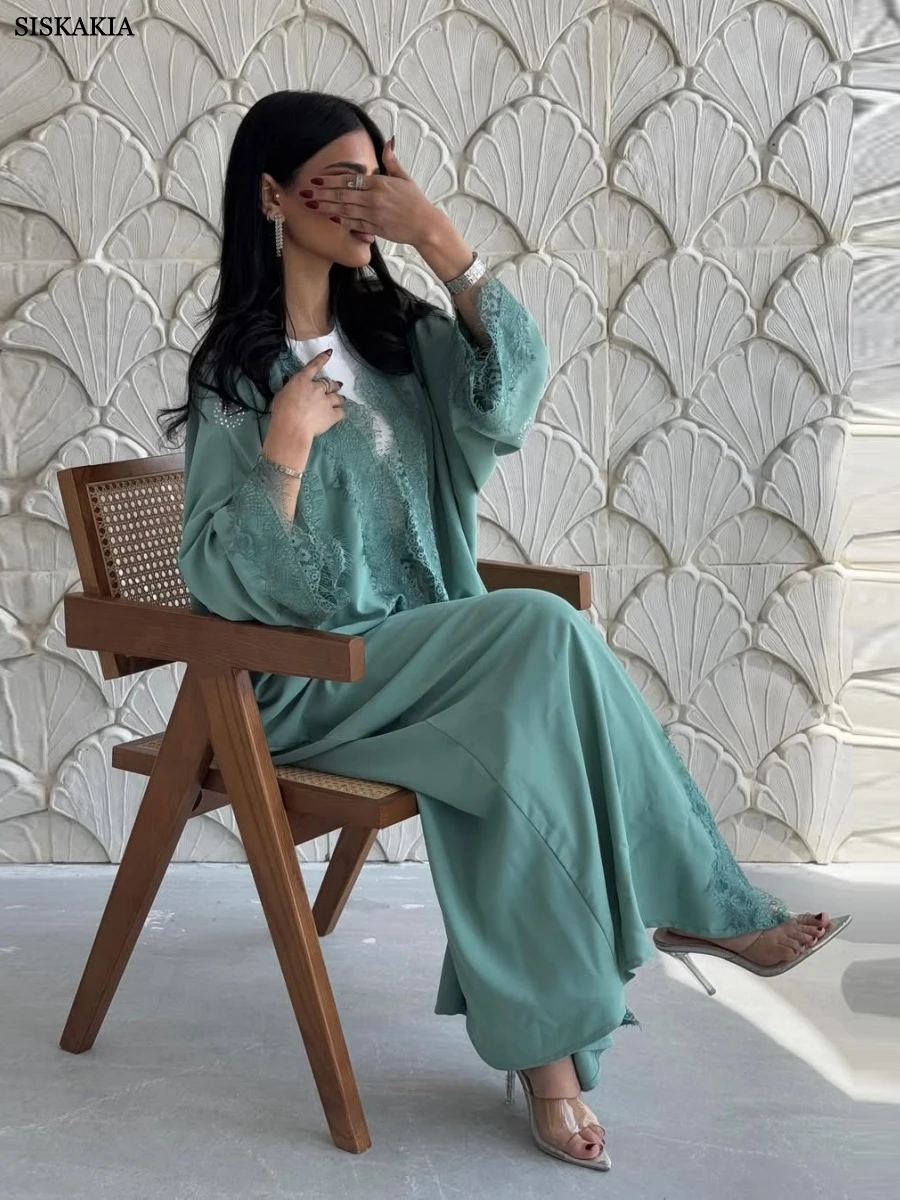 

Siskakia New Guipure Lace Appliques Dress Fashion Solid Open Abaya Moroccan Muslim Elegant Women Clothes