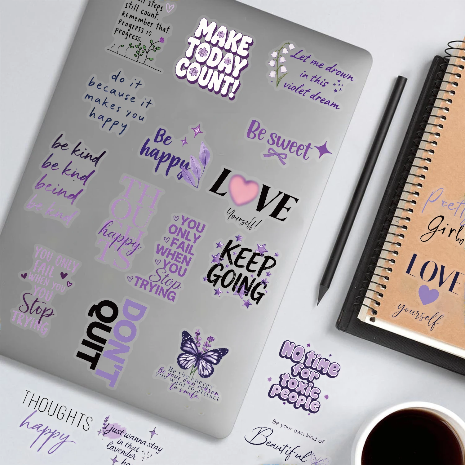 50PCS Purple Positive And Inspiring Sticker Cartoon Waterproof Stationery Aesthetic Phone Luggage Decorative Guitar Sticker