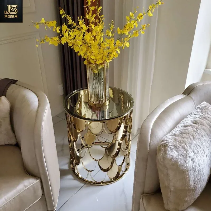 Round Stainless Steel Side Table with Fish Scale Hollow Glass Top Luxury Corner End Table for Living Room Sofa Small Coffee