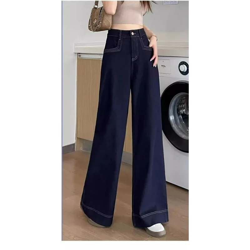 جينز أزرق من قماش الدنيم واسع الساق للنساء لربيع وخريف 2025 نمط جديد عالي الخصر مرن للتخسيس سروال فضفاض بطول الأرض
