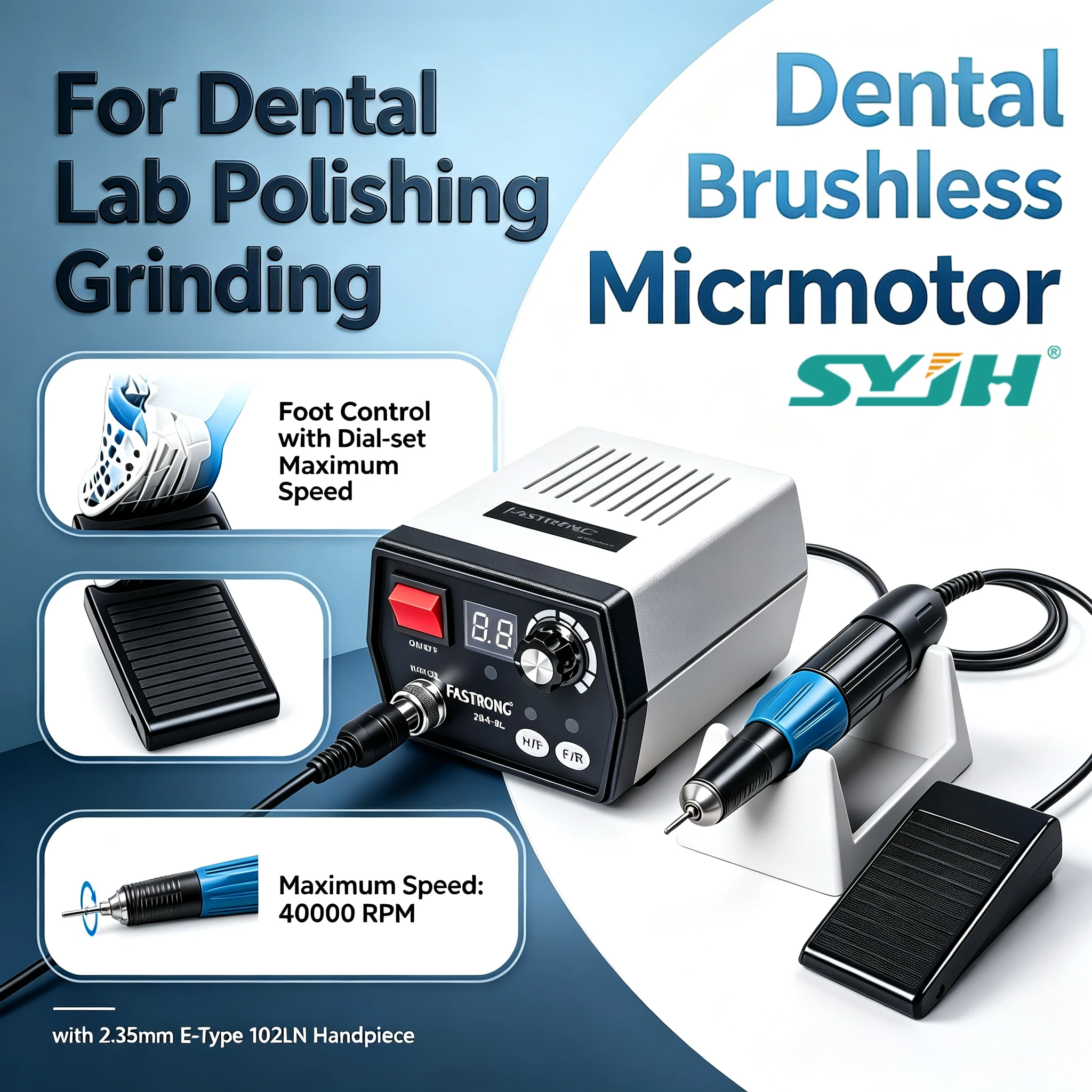 FASTRONG 204BL 102LN Dental Lab Brushless Micromotor 40,000 RPM 50W Foot Pedal Forward Reverse for Grinding Polishing Carving