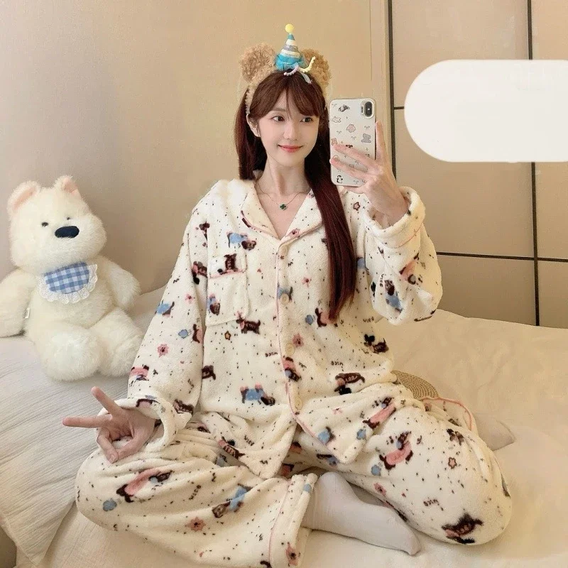 thickened-warm-sleepwear-for-winter-lapel-neck-fun-cute-print-homewear-set-ladies-pajamas-set-long-sleeves-cartoon-dog-fashion