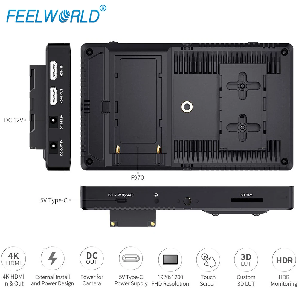 FEELWORLD F7 PRO 7 "IPS Touch Screen3D LUT DSLR Monitor de diretor de campo na câmera HDMI 4K 60Hz HD com painel de alimentação externo F970