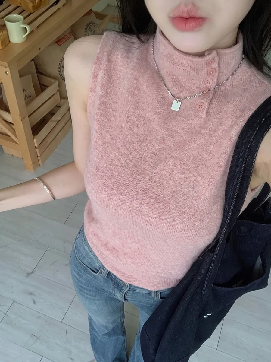 Slim Fit High Collar Button up Knitted Vest Women Early Autumn Base Shirt Weight Loss Outerwear Top Short Length Warmth