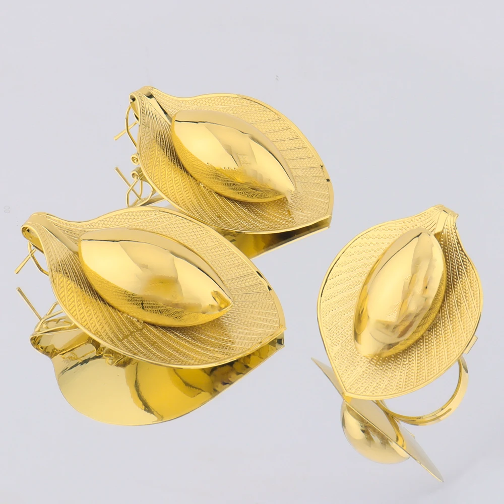 Brazil Gilding 2Pcs Calla Lily Jewelry Set Elliptical Pistil Earrings Trendy Ring Anniversary Day Party  Valentine\'s Day Gift