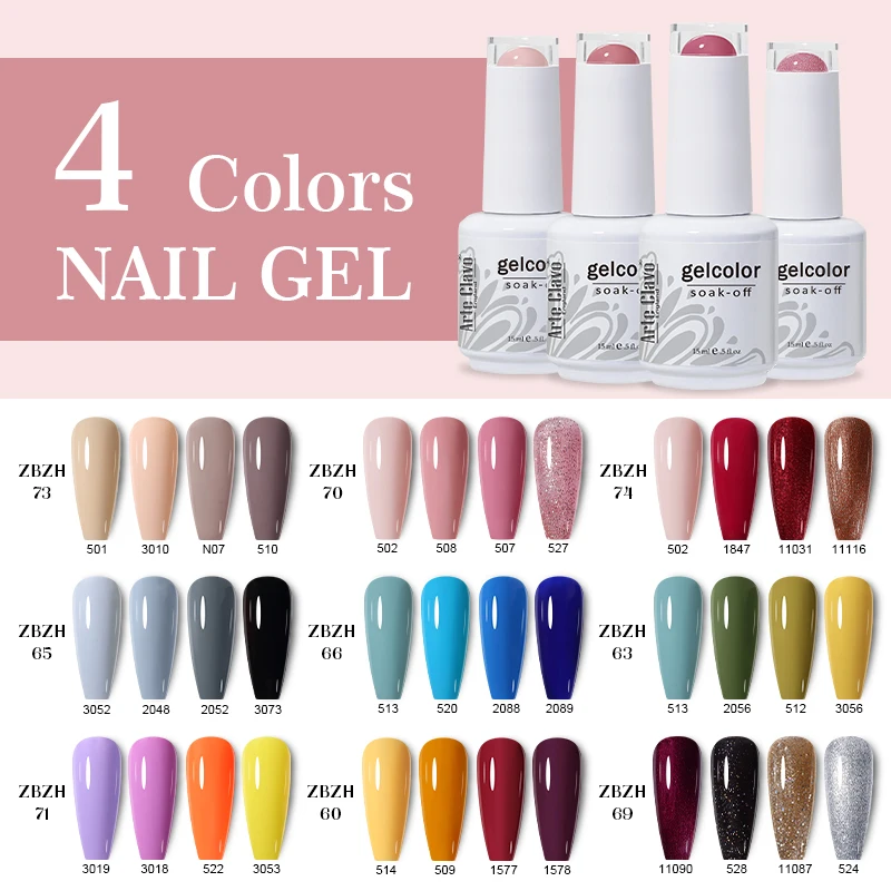 

Arte Clavo 4pcs/set Color Gel Nail Polish Set 367 Colors Semi Permanent UV Led Gel Varnish Soak Off Nail Lacquers Base Top Coat