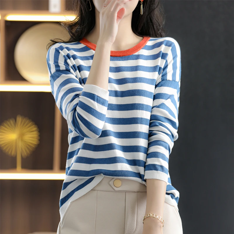 Pure cotton round neck striped knitted bottoming shirt women\'s spring and autumn new loose and thin all-match women\'s pullover