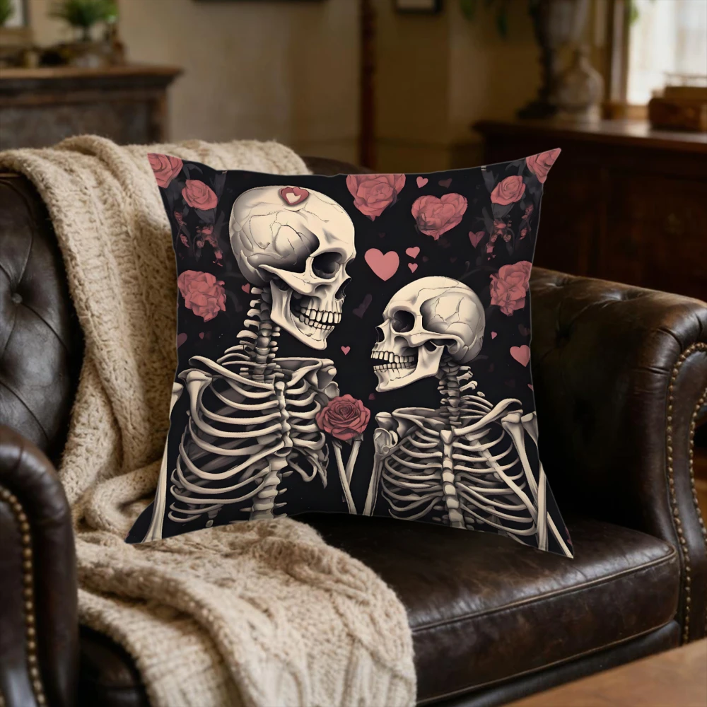 1Pc Gothic Skeleton Lovers Cushion Cover Black Pink Rose Heart Print Soft Breathable Square Zipper Home Sofa Bed Decor