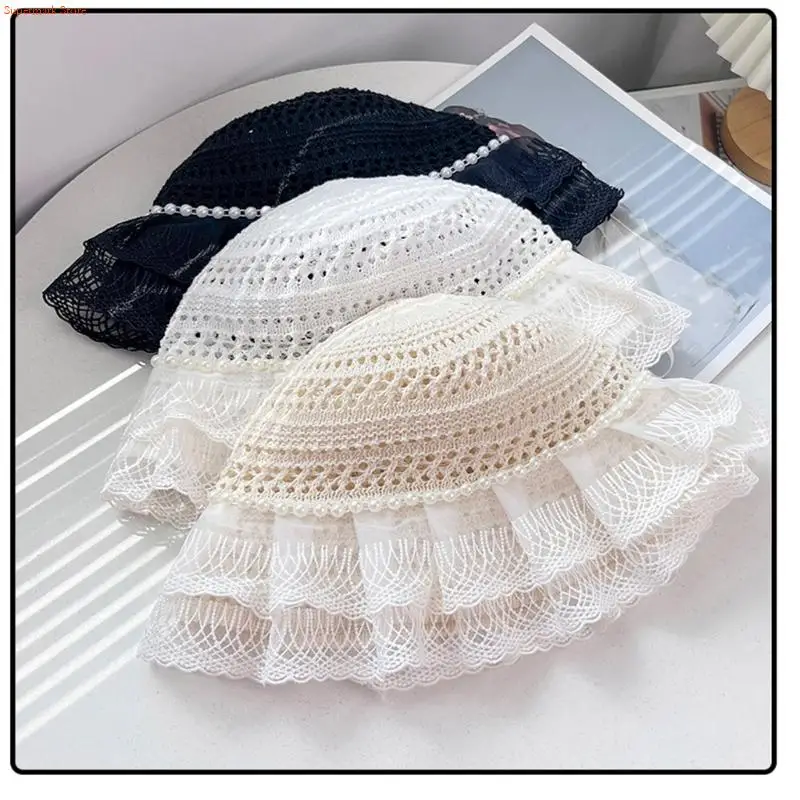 Lace Knit Bucket Hat for Women, Openwork Crochet Floppy Hat with Artificial Pearls Trim and Scalloped Brims for Travel, Beach