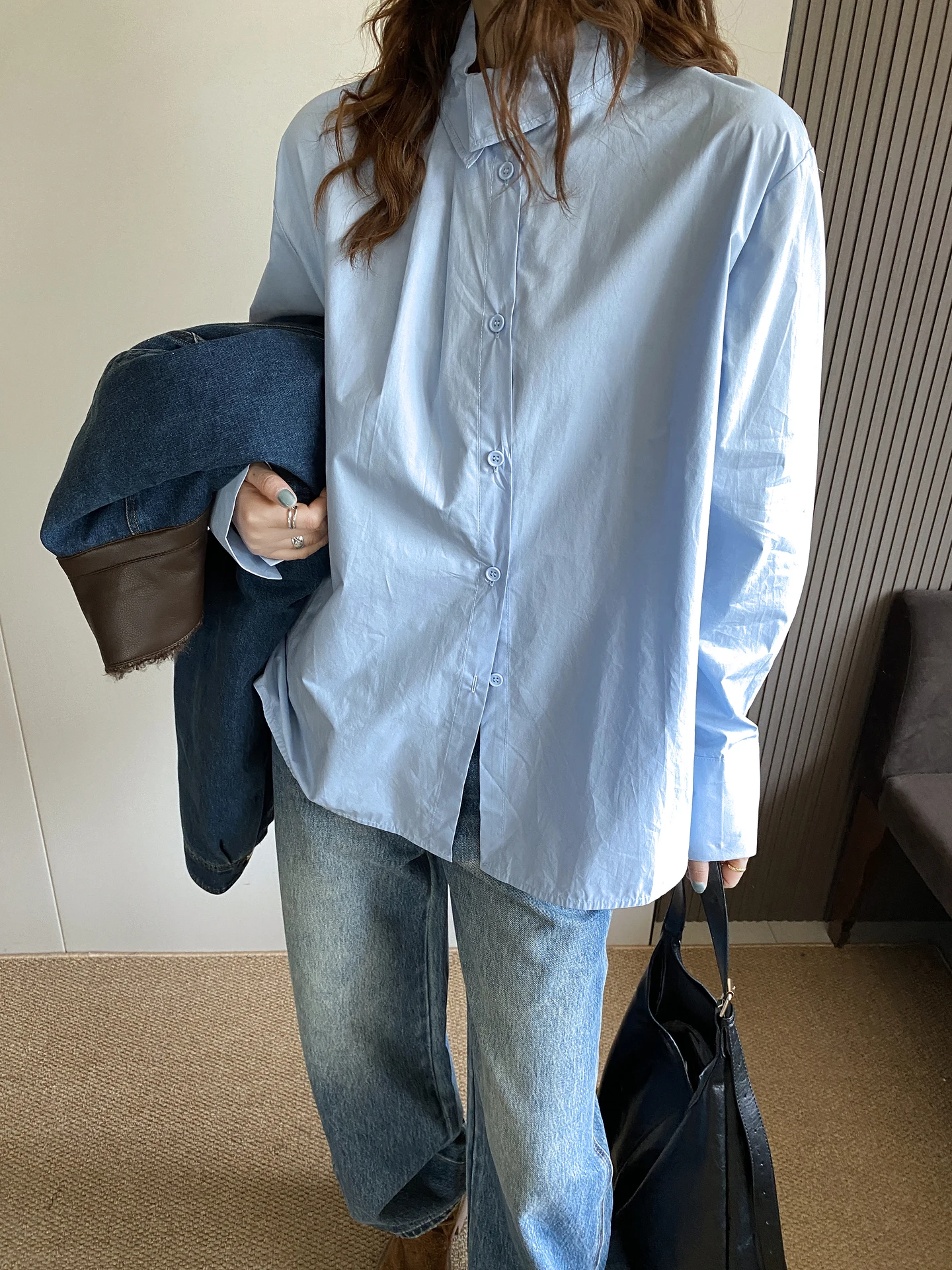 

Loose Casual Blue Long Sve irt Women's Spring New Design Sensation White Versatile Loose Casual Top Ele Sle Button...